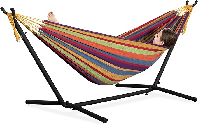 PNAEUT Double Hammocks with Stand for Outside, Portable Space Saving Heavy-Duty Steel Stand for Indoor Outdoor Patio, 450 lbs Capacity (Tropical) PNAEUT