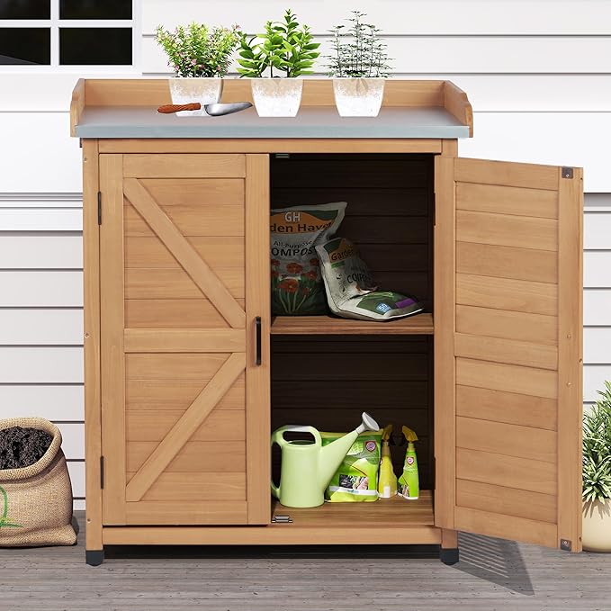 Outdoor Storage Cabinet & Potting Bench Table with Metal Top, Wooden Patio Furniture, Garden Workstation (Light Brwon, 39x31.5x17in) OutdoorFurniture