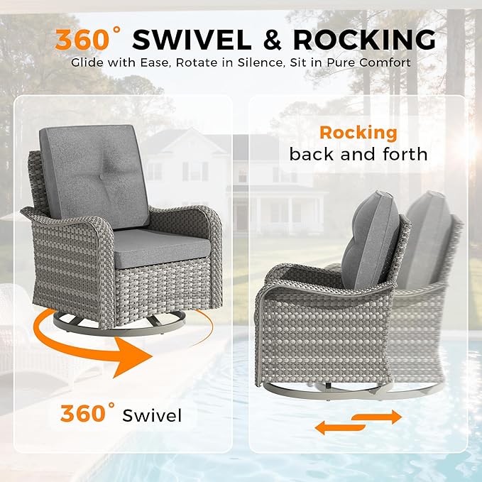 14-Seat Modern Patio Furniture Set with Swivel Rocking Chairs, Thick 4″ Cushions, Dual-Strand Wicker Rattan, Rust-Resistant Steel Frame – Outdoor Conversation & Modular Sectional,Gray MASIONBACKYARDS