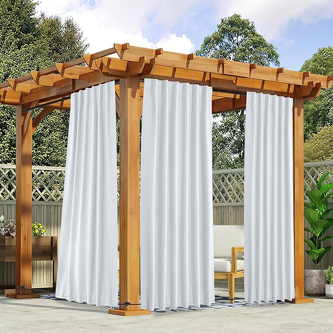NICETOWN Blackout Outdoor Curtains for Patio Windproof 2 Panels Top & Bottom Pocket & Back Tab, Thermal Fixed Waterproof Safe Drapes Keep Privacy for Yard/Porch, Greyish White, W52 x L95 NICETOWN