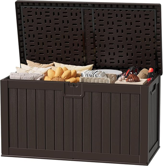 JUMMICO 250 Gallon Outdoor Resin Deck Box with Divider, Waterproof Storage Box with Lockable Lid&Side Handles for Garden Tools, Pools Supplies (Brown) JUMMICO