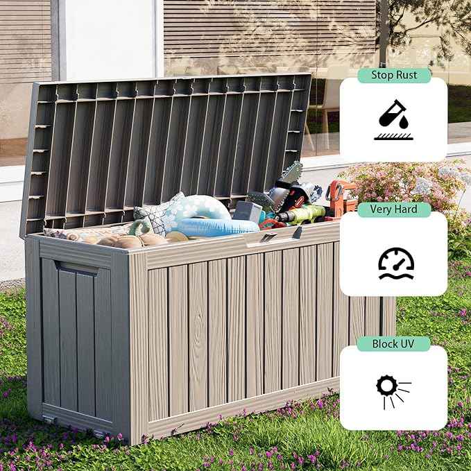 ROJIK Outdoor Storage Housing Deck Box - Waterproof Patio Furniture, Garden Tools, Cushions, Pool Accessories Storage Bench with Lockable Lid and Side Handles (Grey, 80 Gal)