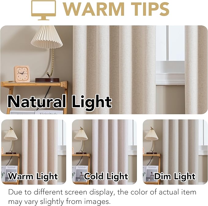 H.VERSAILTEX Linen Curtains 100% Blackout Curtains for Bedroom 54 inch Long Full Light Blocking Nature Linen Blended Window Curtains for Living Room Nickel Grommet (2 Panels, Heathered Natural) HVERSAILTEX