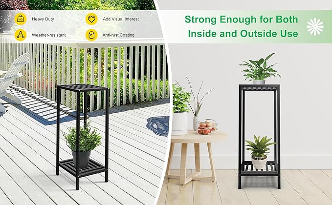 Zhongma 2 Tier 30" Tall Indoor Outdoor Plant Stand, 12 L x 12 W x 30 H inch, Heavy Duty Square Metal Flower Stand for Patio, Home, Garden, 220 LBS Capacity & Heavy Duty Construction Zhongma
