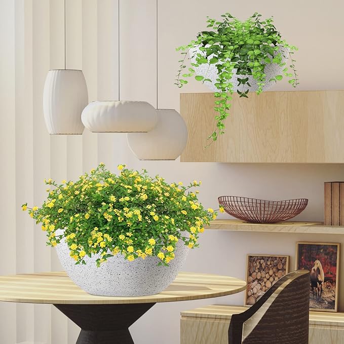 WOUSIWER 13 inch 2Pack Large Hanging Planters for Outdoor Indoor Plants with Drainage Holes and Chain, Round Hanging Flower Pots for Garden Home Porch Decor, White Speckles WOUSIWER