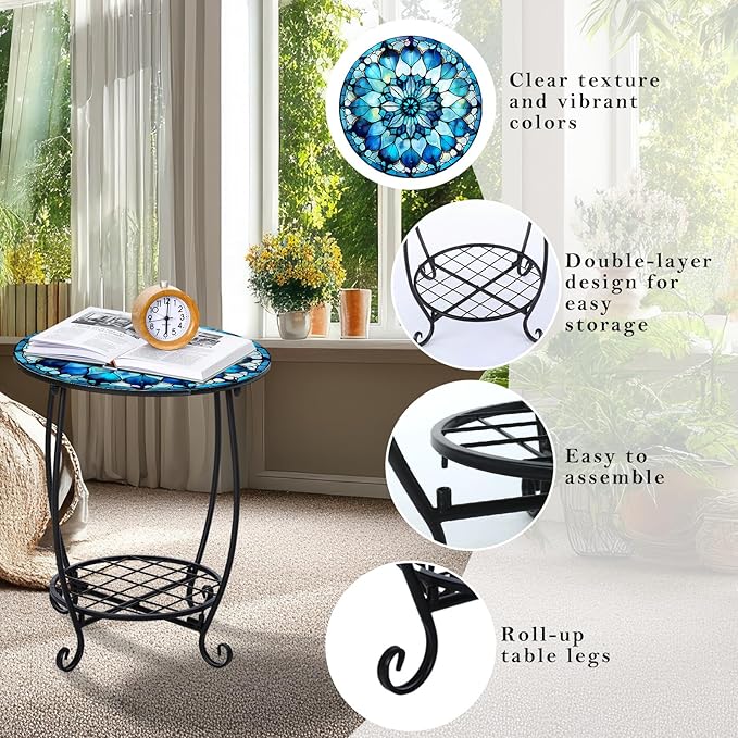 Outdoor Side Table Round Small Mosaic Patio Accent Indoor End Plant Coffee Tea Table for Yard Patio Porch Garden Living Room, Bedroom(Mandala Style,18 Inch) Cinnvoice