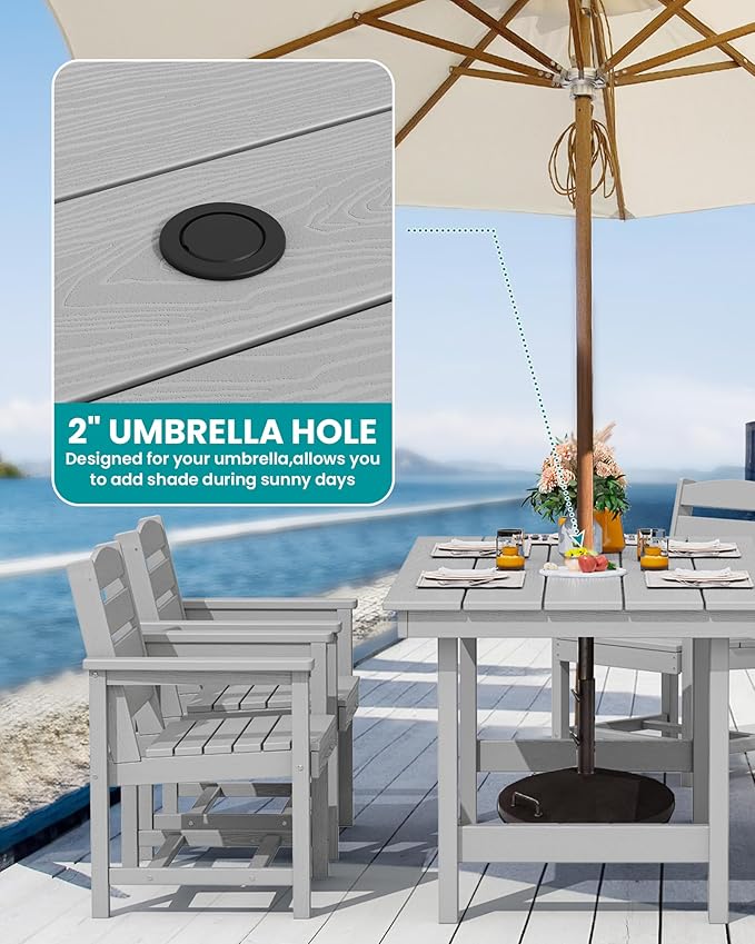 SERWALL Outdoor HDPE Dining Table Set, 7-Piece Outdoor Dining Table Sets with Umbrella Hole Cut-Out Table and 6 Chairs, Light Gray SERWALL