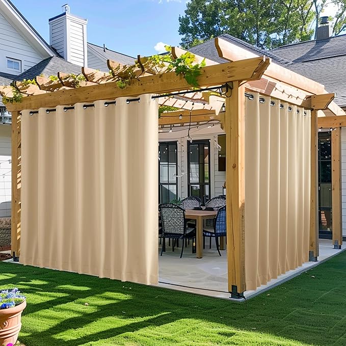 NICETOWN 2 Panels Outdoor Patio Curtains W100 x L84, Waterproof & Windproof Extra Wide Grommet & Back Tab on Top & Bottom Thermal Insulated Sun Blocking Drapes with Rope for Deck, Biscotti Beige NICETOWN