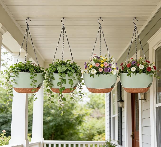Set of 4-8 Inch Self Watering Hanging Planters for Indoor Outdoor，Hanging Plant Pots with Drainage & Removable Tray, Hanging Pots Holder for Ivy, Pothos, Ferns, Balcony & Patio, Green Brown zople