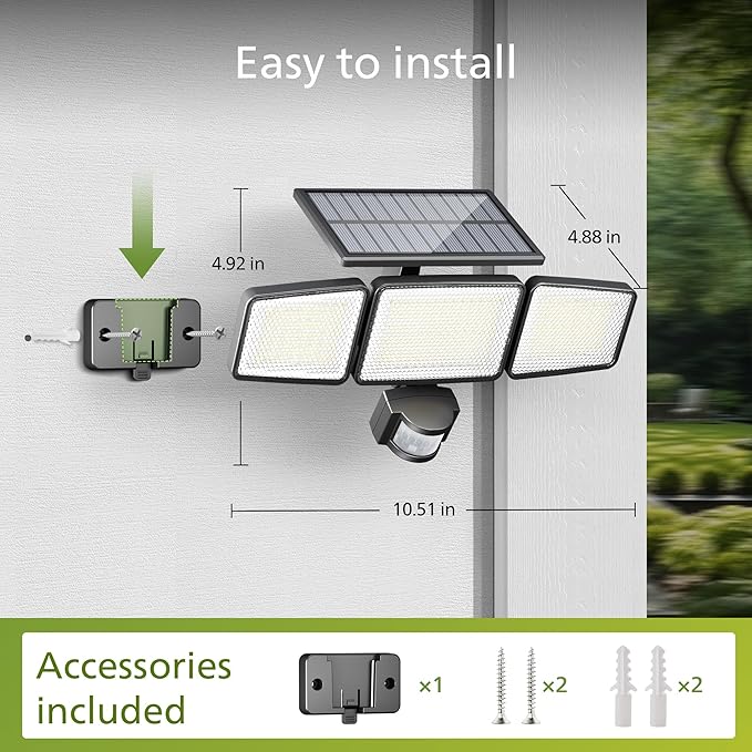 Philips Solar Security Light Outdoor 302 LED 1200lm，Solar-Powered Waterproof Wall-Mounted Flood Light w/PIR Motion Sensor, 3 Heads, IP65 Waterproof, 3 Modes (4 Packs) PhilipsLightingLED