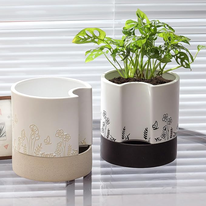 Nihow Self Watering Plant Pot: 8 Inch Ceramic Planter with Drainage Hole & Water Storage Plus for Indoor & Outdoor Plants - Cylinder Round Flower Pot for Succulent/Herbs/Violets - Nature & White Nihow