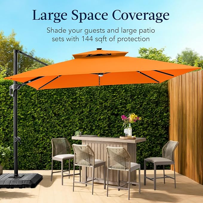 Best Choice Products 12x12ft LED Cantilever Patio Umbrella w/Base Included & 360° Rotation, Large Solar Offset Hanging Outdoor Sun Shade for Deck, Backyard Table w/Stand & Lights – Orange BestChoiceProducts