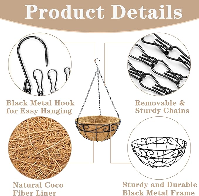 Outdoor Metal Hanging Planters Basket (4pack, 14 inch) Hanging Baskets for Plants Chain Round Wire Plant Holder with Coco Fiber Liners for Garden, Patio, Deck, Porch(Flower Border) EIMQUVW