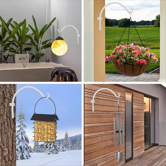 FEED GARDEN 2 Pack 12 Inch Hanging Plant Bracket Wall Hooks Decorative Plant Hangers for Outdoor Hanging Bird Feeders, Wind Chimes, Plant Baskets, White FEEDGARDEN