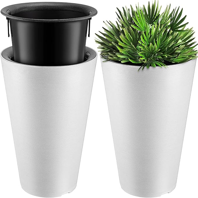 Sieral Set of 2 Tall Outdoor Planters 12 x 18 Inch Large Resin Outdoor Planters for Front Porch Flower Round Floor Decorative Indoor Pots with Drainage(White) Sieral