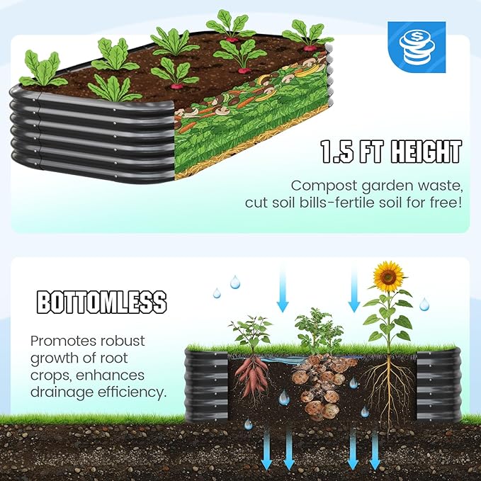 Quictent Galvanized Raised Garden Bed Kit, 8x4x1.5 ft Oval Metal Planter Box Tall for Vegetables Outdoor Backyard, Strengthened by Crossbar, Dark Gray QUICTENT