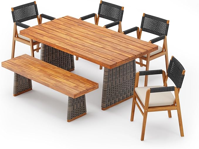 Christopher Knight Home Pasco Acacia Wood Outdoor Dining Table Set for 6, Wicker Patio Dining Set with Acacia Wood Table and Bench, Patio Table and Chair Set with Cushion+Rope Backrest,Black+Teak+Grey ChristopherKnightHome