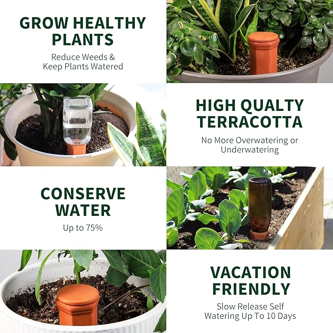 Large Terracotta Watering Spikes with Lids, Automatic Plant Waterer Outdoor | Indoor, Vacation Friendly Clay Plant Watering Devices System, Slow Release Self Watering Planter Insert, 6 Pack SoilaguaDirect