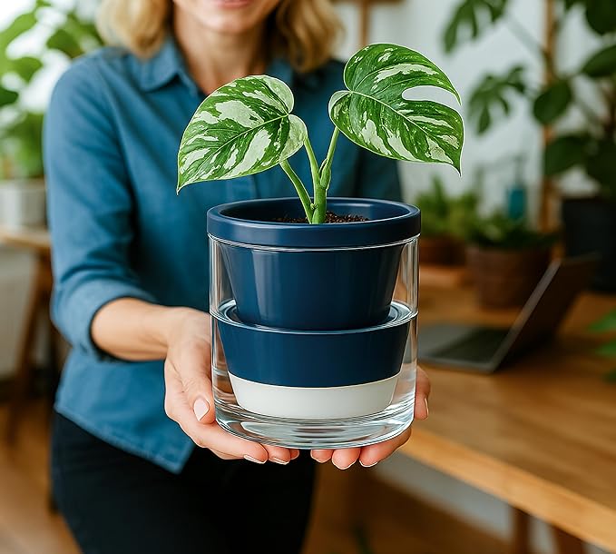 D'vine Dev 4 Inch Design Self Watering Planter for Indoor Plants, Blue Terracotta Pot with Cylinder Glass Cup, Set of 4, 37-Z-A-4-F DvineDevPlanterPotsandStand