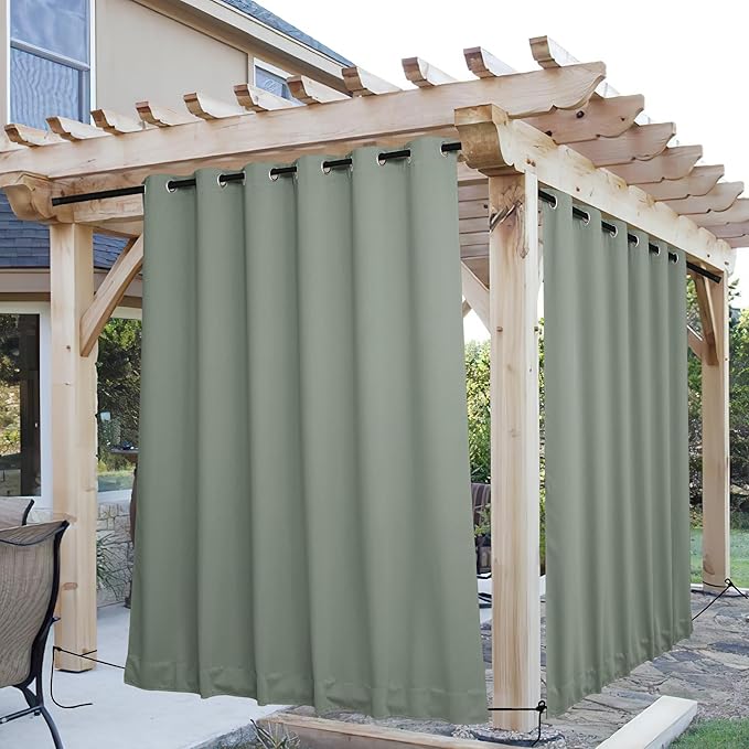 NICETOWN 2 Panels Outdoor Curtains for Patio Extra Wide 84", Waterproof & Windproof Grommet & Back Tab Fixed Top and Bottom Thermal Insulated Drapes with Rope for Gazebo, Sage Green, W84 x L84 NICETOWN