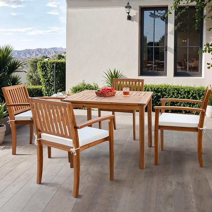 Flamaker 5 Piece Outdoor Dining Set Acacia Wood Patio Table and Chairs with Soft Cushions Patio Furniture for Deck, Backyard, Garden Flamaker