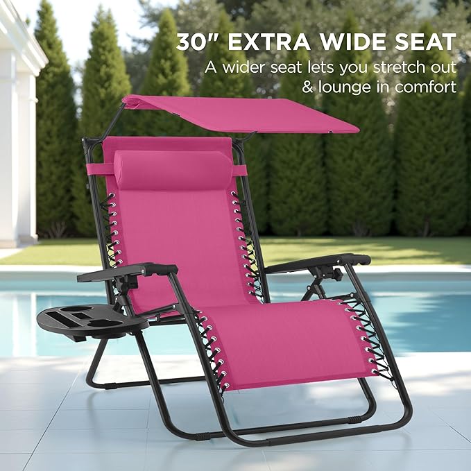 Best Choice Products 30” Wide Folding Zero Gravity Outdoor Recliner Patio Lounge Chair w/Adjustable Canopy Shade, Headrest, Side Accessory Tray - Hot Pink/Black BestChoiceProducts