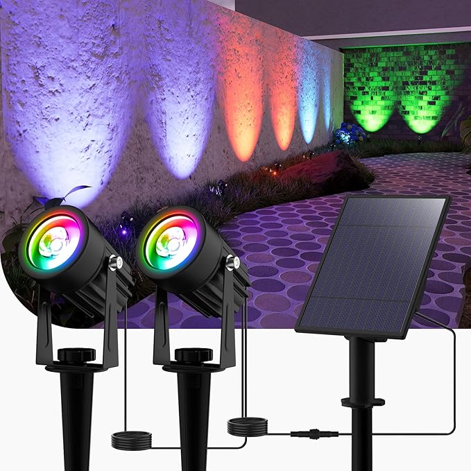 T-SUN Solar Spotlights, 2-in-1 RGB Solar Landscape Spotlights Outdoor Waterproof, Auto ON/Off Dual Head LED Lights for Garden, Yard, Halloween, Christmas Decor(RGB) T-SUN