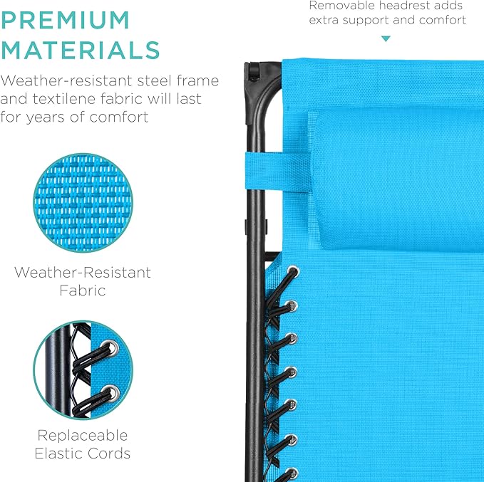Best Choice Products Folding Zero Gravity Outdoor Recliner Patio Lounge Chair w/Adjustable Canopy Shade, Headrest, Side Accessory Tray, Textilene Mesh - Light Blue BestChoiceProducts