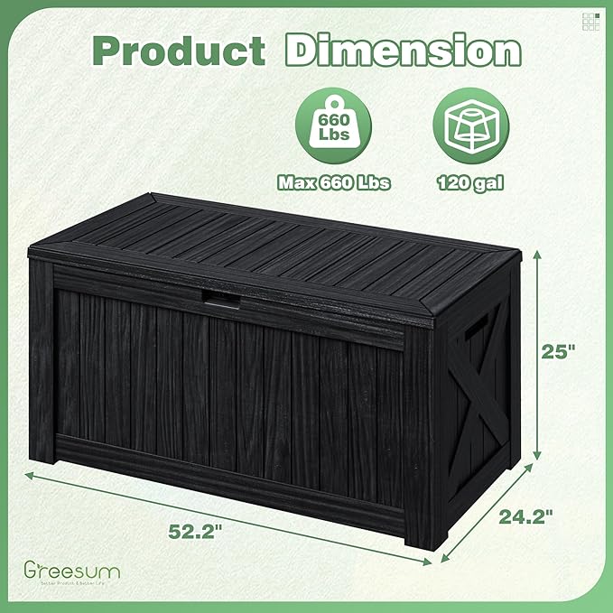 Greesum Outdoor Storage Box 120 Gallon Storage Bin with Lid for Patio Furniture, Garden Tools, Pool Supplies, Lockable, Waterproof and UV Resistant, Black BuynowfromGreesum