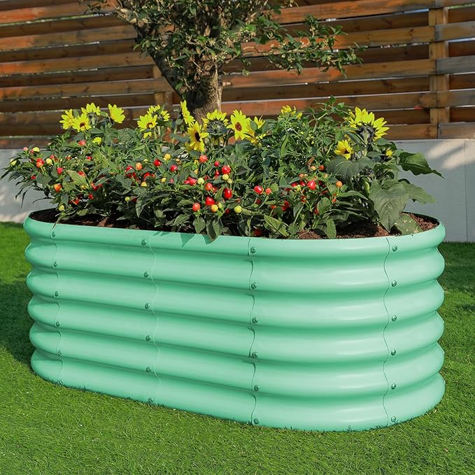 Land Guard 18“ Tall 4×2ft Galvanized Raised Garden Bed Kit, Galvanized Planter Garden Boxes Outdoor, Oval Large Metal Raised Garden Bed for Vegetables……… (Lime Green, 4×2×1.5ft) LandGuard