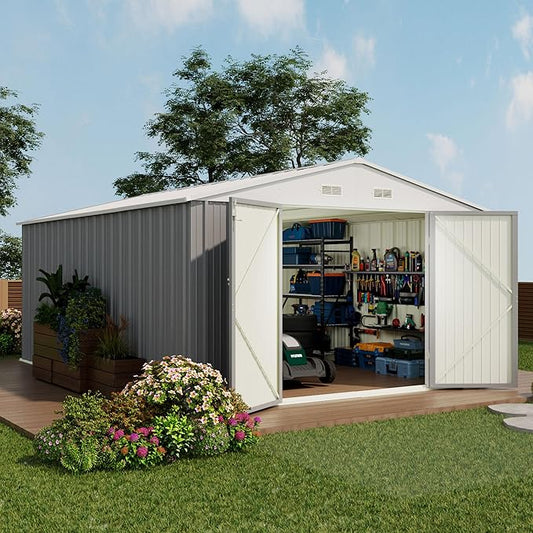 Devoko 10x14 FT Outdoor Storage Shed, Large Metal Storage Sheds with Lockable Door, Utility Garden Tool Shed with Sloping Roof, Outside Steel Storage Sheds for Patio Lawn Backyard, Gray DEVOKO