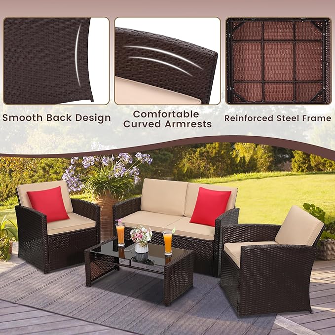4-Piece Patio Furniture Set, Wicker Outdoor Rattan Sectional Sofa with Cushions and Glass Table, All-Weather Outdoor Conversation Set, Ideal for Garden, Porch, Backyard, Beige KROFEM