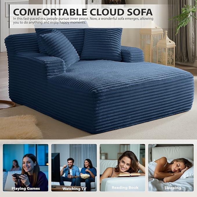 50 Inches Chaise Lounge Indoor, Oversized Chaise Lounge Chair with 3 Throw Pillows and Armrests, Corduroy Upholstered Plush Sofa Bed Lazy Chair Bed Sleeper Chair for Living Room Apartment (Blue) ivoros