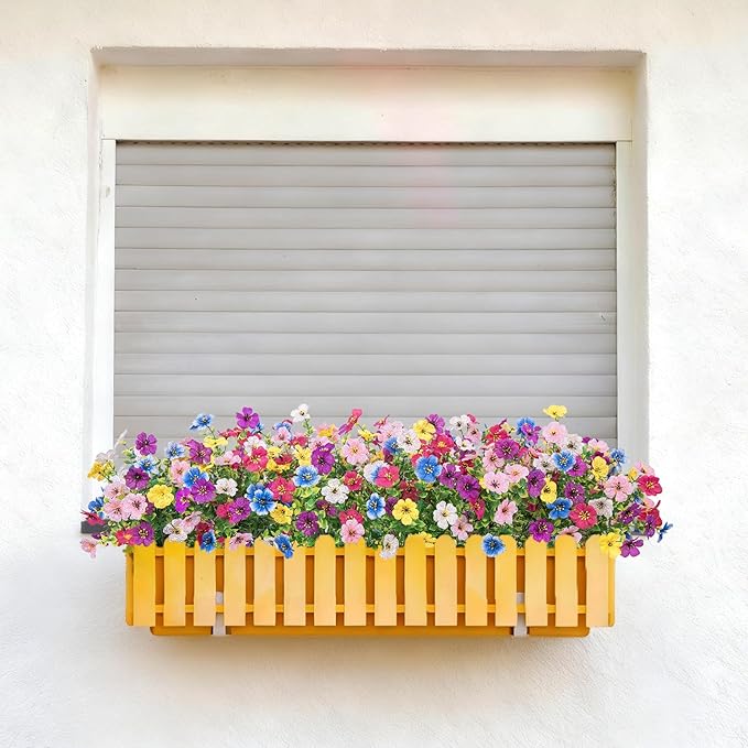 Bassion Artificial Flowers for Outdoors, 24 Bundles UV Resistant Fake Flowers Realistic Silk Faux Plants for Outdoor Planter Window Box Porch Patio Garden Home Outside Decorations Bassion