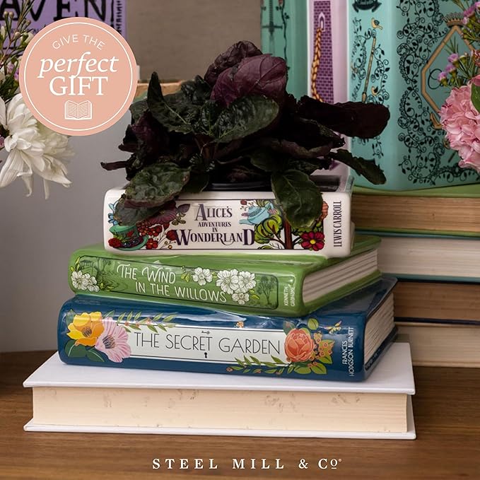 Steel Mill & Co Original Small Book-Shaped Decorative Planter, Ceramic Planter for Home Decor, Cute Bookshelf Accent, Unique Planter for Book Lovers, Alice/Wind in the Willows/Secret Garden SteelMillCo