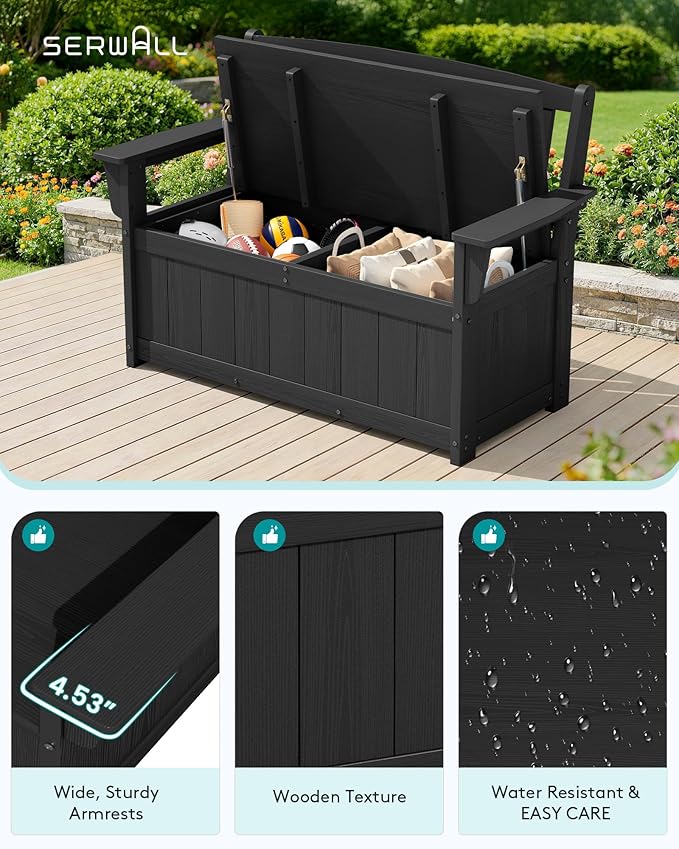 SERWALL HDPE Outdoor Storage Bench, All-Weather, UV-Resistant Deck Box with Waterproof Storage Bags, 57 Gallon Dual-Use Seat & Organizer Deck Boxes for Patio, Garden Tools & Pool (Matte Black) SERWALL