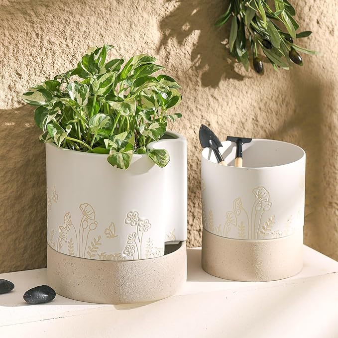 Nihow Self Watering Plant Pot: 8 Inch Ceramic Planter with Drainage Hole & Water Storage Plus for Indoor & Outdoor Plants - Cylinder Round Flower Pot for Succulent/Herbs/Violets - Nature & White Nihow