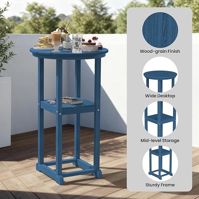 Ciokea 3-Pcs Bistro Table and Chairs, All-Weather Round High Top Bar Table with Storage Shelf and 2 Oversized Adirondack Chairs, Heavy Duty Outdoor Bar Patio Bistro Set for Balcony Deck, Navy Blue CIOKEA