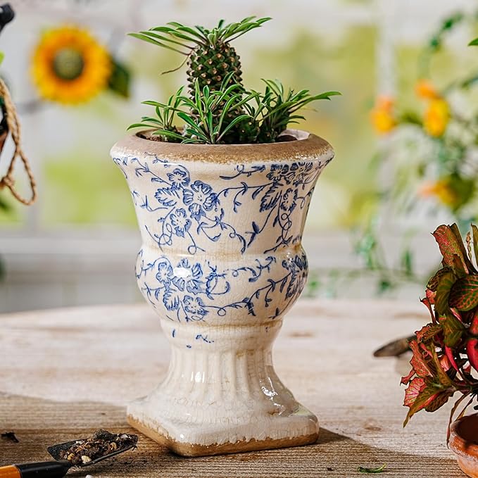 Sungmor Small Ceramic Urn Planter - Blue and White Floral Pedestal Flower Pot, Decorative Vintage Chinoiserie Style Planters, Tuscan Accent Vase Indoor Outdoor Plant Holder with Drainage Sungmor