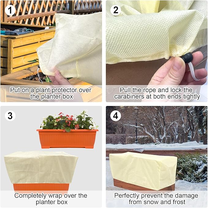 4 Pcs Rectangular Planter Box Cover Freeze Protection, Flower Box Covers Winter Frost Blanket with Drawstring for Outdoor Plants Balcony Windowsill Raised Beds(39.3x17.7x15.7 Inch) HFYZZ