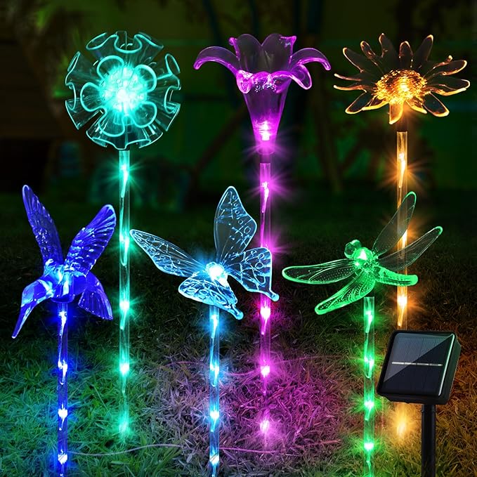 Set of 6 Arcylic Solar Lights for Outside, Solar Powered Garden Decorations with 8 Lighting Modes, Outdoor Waterproof Pathway Lights for Yard, Patio Plant Pot, Flower Bed (Mixed) Rootora