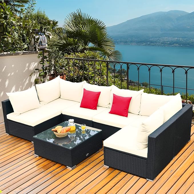 Tangkula 7-Piece Patio Furniture Set, Outdoor Sectional Sofa w/Pillows & Cushions, Wicker Conversation Set with Coffee Table & Tea Table for Garden & Lawn (Beige) TANGKULA