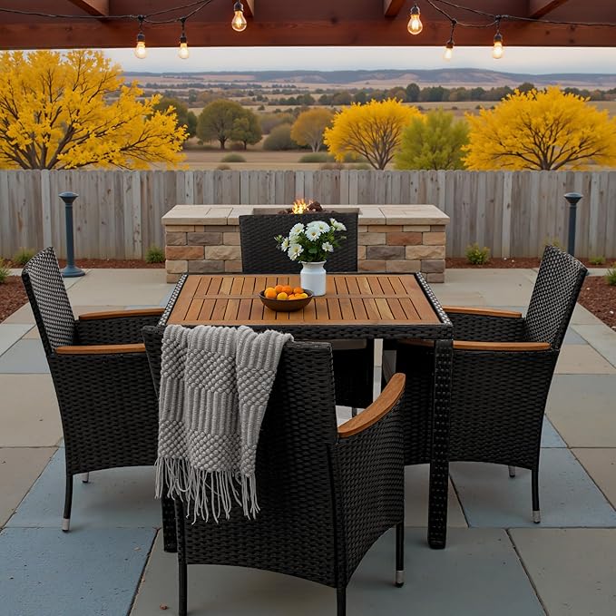 Greesum 5 Pieces Outdoor Patio Dining Set, Conversation Sets with 1 Table and 4 Rattan Chairs with Curved Acacia Wooden Armrests and Cushions, Black BuynowfromGreesum