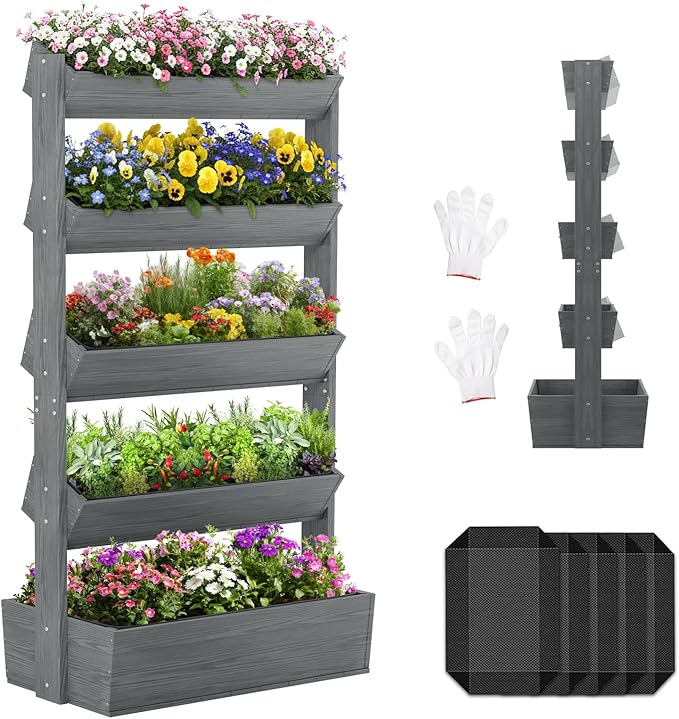 SUNYRISY 5 Tiers Vertical Raised Garden Bed Outdoor Planter Tower, Wooden Freestanding Planter Box for Planting Herbs Flowers Vegetables Patio Balcony Indoor Outdoor Gardening, Grey SUNYRISY