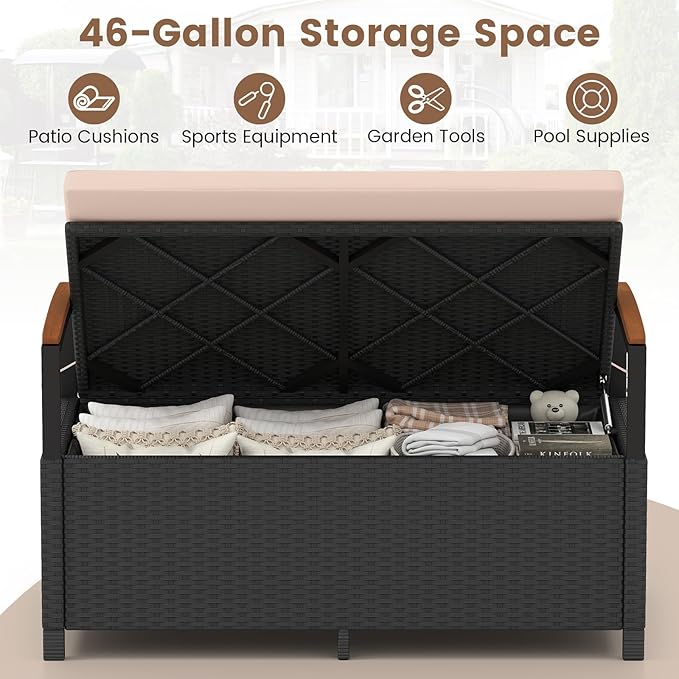 RELAX4LIFE Wicker Outdoor Storage Bench, Rattan Deck Box w/Protective Liner for Patio Furniture Pillows & Garden Tools, Porch Loveseat with Seat Cushion, Acacia Wood Armrests (Black-Beige) RELAX4LIFE