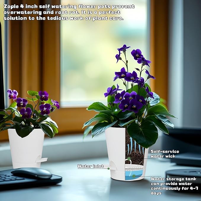 12 Pack 4 Inch Self Watering Plant Pots with Drainage and Saucers，Plastic Flower Pots for Indoor and Outdoor Plants, Nursery Planters for Houseplants and Herbs White, 4 inch 12pcs zople
