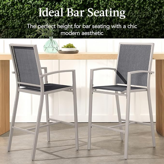Best Choice Products Outdoor Bar Stools Set of 2, Bar Height, Patio Furniture, All Weather Mesh Design w/Armrest - Taupe/Charcoal BestChoiceProducts