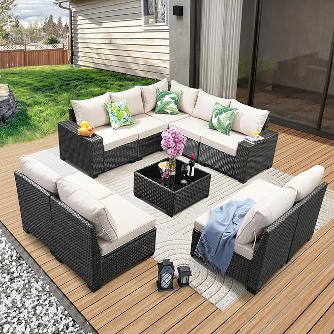 10 Pieces Patio Furniture Set All-Weather Outdoor Wicker Sectional Conversation Sofa Rattan Patio Seating Sofa with Cushion and Glass Table for Porch Poolside,Beige JOYURE