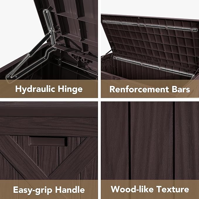 Devoko 120 Gallon Deck Box Resin Outdoor Storage Box Waterproof for Patio, Large Outdoor Storage Bench Lockable for Outside (Deep Brown) DEVOKO