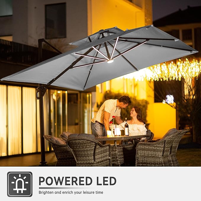 10 X 13 FT Cantilever Outdoor Patio Umbrella with Base Included Large Heavy Duty 360° Rotation Double Top Offset Rectangular Umbrellas with Led Lights for Backyard Outside Deck,Fog Grey MEVBC